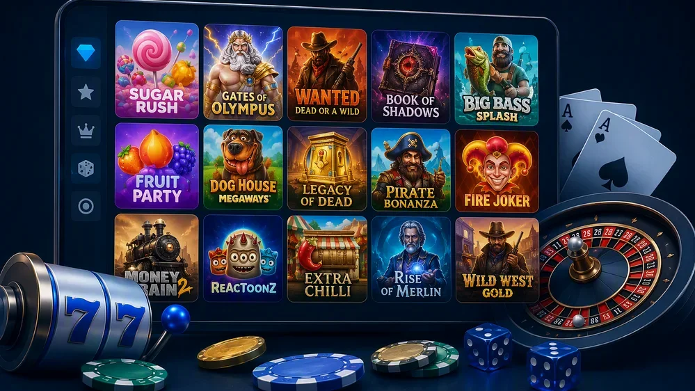 Grid of slot game thumbnails from multiple providers
