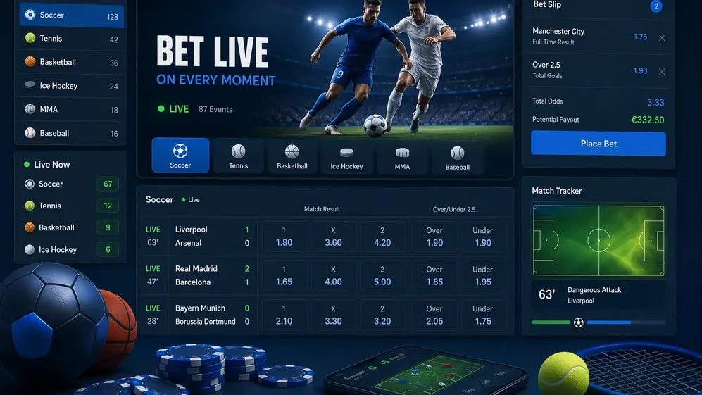 live sports betting dashboard with odds and markets