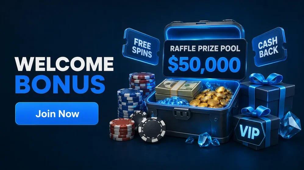 Promotional banners showing raffle prize pools and VIP rewards